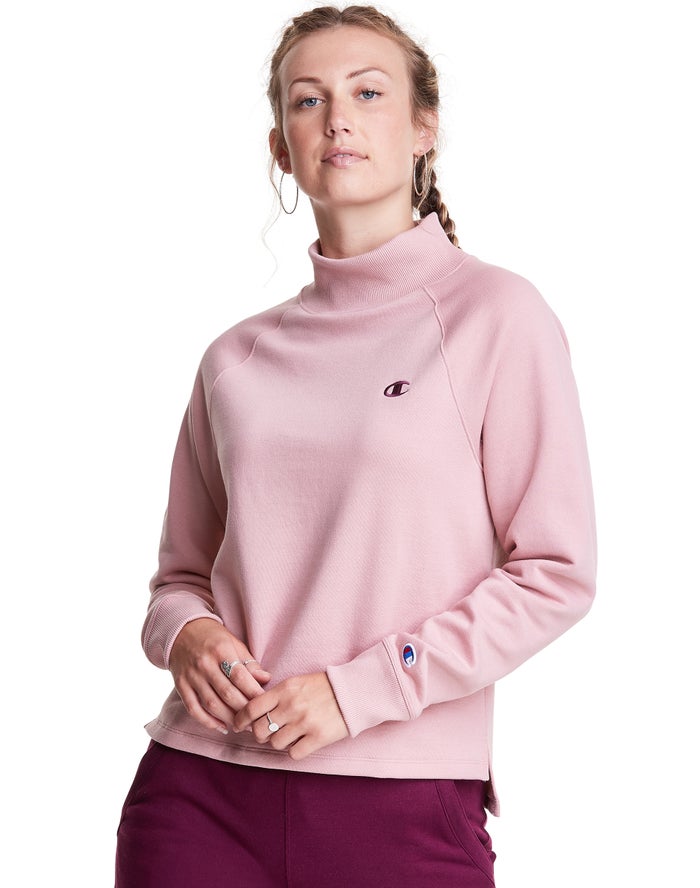 Champion Dame Sweatshirt Beige - Powerblend Fleece Mock Neck Embroidered Logo - Danmark MSO-514389